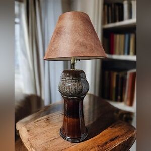 RARE Mid-Century Ceramic Table Lamp Fat Lava Glaze Ribbed Neck Shade Turquoise